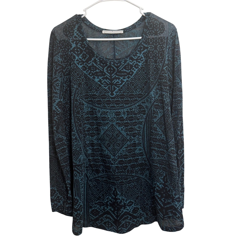 Peruvian Connection Womens XS/S Teal Black Point De Fes Long Sleeve Knit Top